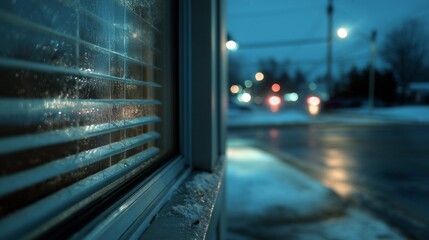 Frosted window with blinds at night overlooking a winter street with blurry lights. Cold urban scene with moody ambiance. Perfect for seasonal visuals, banner use, and emotional concepts.
