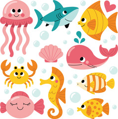 Naklejka premium Cartoon underwater sea creatures, colorful ocean animals, jellyfish, shark, whale, seahorse, crab, fish, bubbles, seashell, marine life vector, kids illustration pack