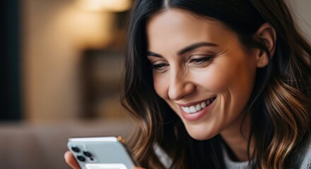 Smiling young woman using smartphone close-up, digital communication, social media browsing, positive emotion, modern technology interaction, indoor lifestyle scene