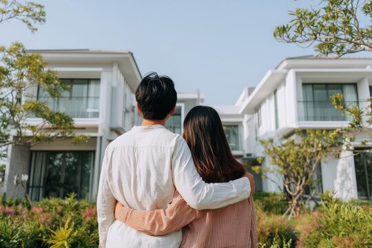 Rear view of young couple embracing and looking at modern luxury houses in sunny suburban neighborhood. Concept of dream home, new real estate purchase, family investment, lifestyle.