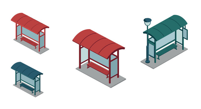 Isometric bus stop designs with modern canopy shelters and benches