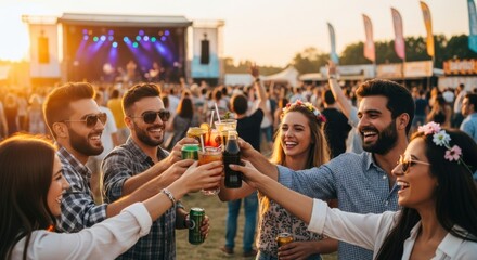 Group of young adults cheering with drinks at lively outdoor music festival during sunset, friends enjoying summer party, celebration, social gathering, lifestyle and fun