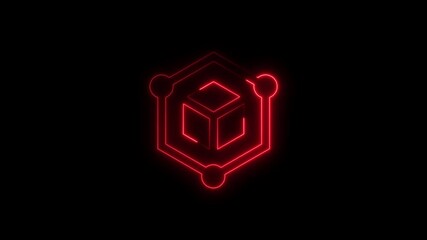Neon Red Hexagonal Cube Icon With Circles On Black Background abstract blue