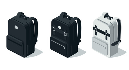 Isometric backpack trio in monochrome: stylish minimalist design for modern fashion and travel