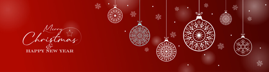 Red Merry Christmas banner design with snowflake, baubles vector illustration. Winter holidays concept card design to use for merry christmas cards, winter banner advertising, holiday greetings. 