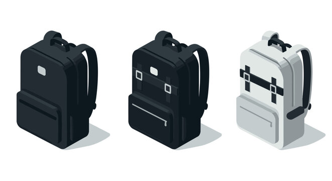 Isometric backpack trio in monochrome: stylish minimalist design for modern fashion and travel