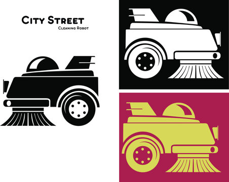 Black Silhouette of Street Sweeper Vehicle with Front Brush &ndash; Urban Sanitation Truck Icon for Municipal Cleaning and Environmental Design