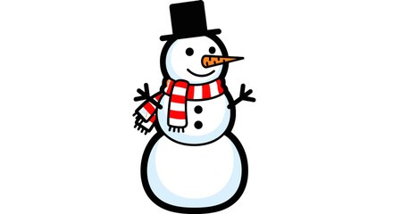 Cheerful snowman illustration featuring a carrot nose, black hat, red scarf, and friendly smile, set against transparent background.