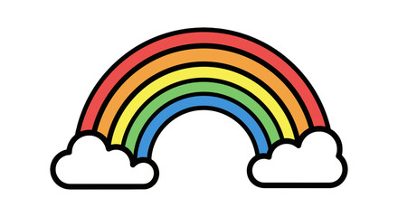 Naklejka premium A vibrant rainbow arches gracefully between two fluffy clouds, embodying joy and optimism with its spectrum of colors.