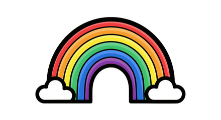 Naklejka premium A vibrant rainbow arc with red, orange, yellow, green, blue, and purple bands rests on fluffy black cartoon clouds.