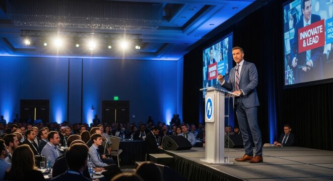 Confident male speaker at a business conference. Keynote presenter on stage giving a motivational presentation on leadership and innovation to a large audience in a convention hall. - Powered by Adobe
