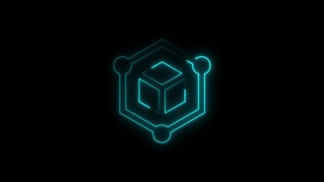 Neon Cyan Hexagonal Cube Icon With Circles On Black Background abstract blue