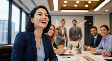 Diverse happy business team smiling and collaborating in modern office conference room, corporate meeting, success, teamwork, leadership and professional workplace concept