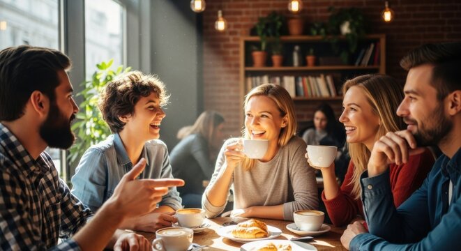 Happy diverse friends enjoying coffee and croissants, laughing and socializing in cozy modern cafe with natural light, casual meeting and friendship concept