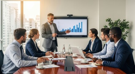 Business meeting presentation with entrepreneurs discussing sales growth and financial charts in modern office with laptops and professional teamwork