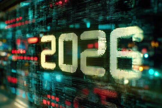 celebrate 2026 on digital display with transluscent numbers on technical screen, futuristic, modern, new years day eve, silvester, photorealistic
