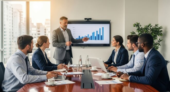 Business meeting presentation with entrepreneurs discussing sales growth and financial charts in modern office with laptops and professional teamwork