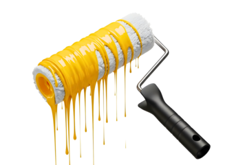 Yellow paint dripping from a paint roller isolated on transparent background