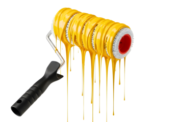 Yellow paint dripping from a paint roller isolated on transparent background