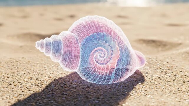 Holographic wireframe seashell spinning on sunlit sand beach with pastel glow, futuristic digital art