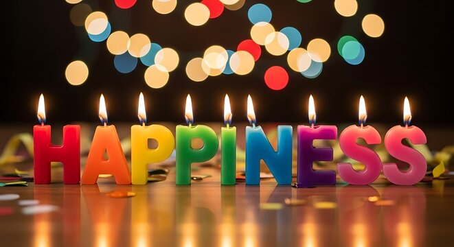Colorful candles spelling happiness with bokeh lights background