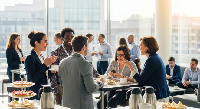 Group of diverse business people networking at a conference coffee break. Professional colleagues talking and collaborating during a corporate event. Seminar, workshop or training.