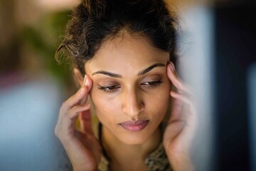 Fototapeta premium South Asian woman at her office desk, touching her temples, expressing discomfort from a headache, with a blurred background creating a focused atmosphere of stress