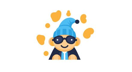 Obraz premium A cheerful cartoon figure with a blue nightcap and glasses surrounded by orange spots on a transparent background.