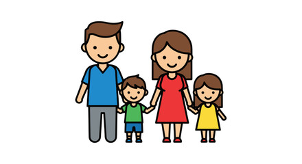 A digital illustration of a smiling family consisting of a father, mother, son, and daughter holding hands.