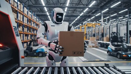 9_Portrait of an Advanced Humanoid Robot Carrying a Cardboard Delivery Box Across an Industrial Warehouse Floor Future of Automated Logistics Storage and Shipping Concept_4K_10s 93458464 1 - Powered by Adobe