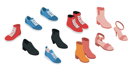Isometric assortment of stylish footwear for men and women