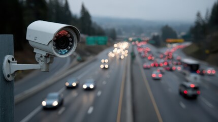 Security camera monitoring highway traffic at dusk