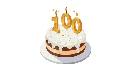 Isometric cake with golden number 100 and candles for celebrations