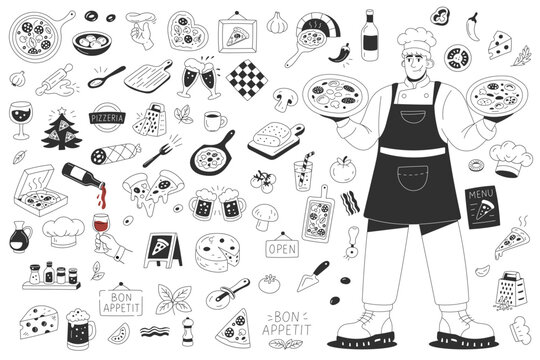 Huge pizza doodle pack with chef and kitchen elements for branding