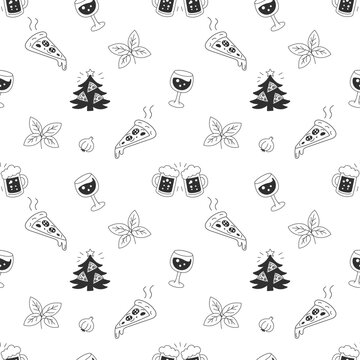 Holiday pizza seamless pattern with tree, beer and wine icons