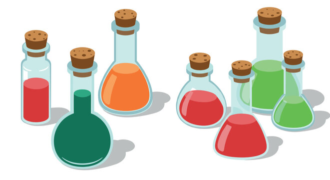 Colorful isometric glass bottles with cork stoppers filled with liquid