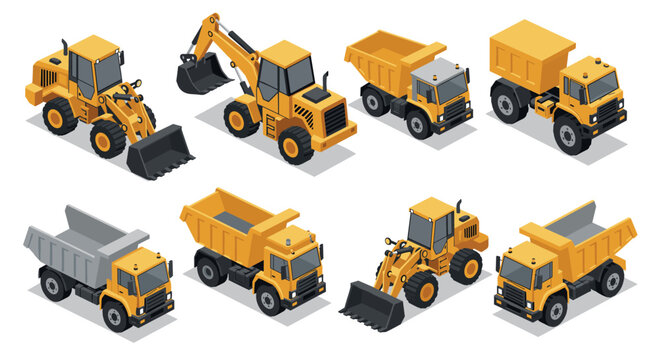 Isometric construction vehicles collection: excavators, dump trucks, loaders