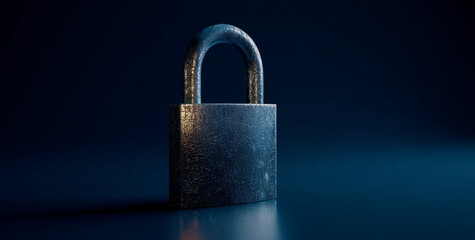 Close-up of a single metal padlock on a dark gradient background. Symbolic image representing security, protection, privacy, and data safety in a modern digital context.