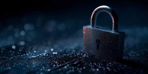 Close-up of a single metal padlock on a dark gradient background. Symbolic image representing security, protection, privacy, and data safety in a modern digital context.