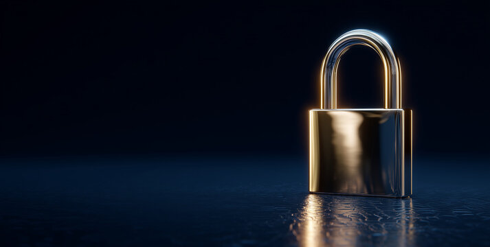 Close-up of a single metal padlock on a dark gradient background. Symbolic image representing security, protection, privacy, and data safety in a modern digital context. - Powered by Adobe