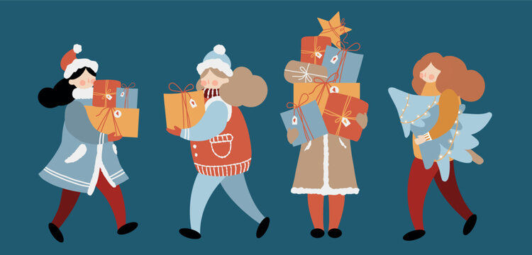 Christmas people carrying gift boxes and a Christmas tree. Vector flat illustration isolated on a dark blue background. Positive holiday people with gifts. Winter shopping, Christmas sale, Christmas