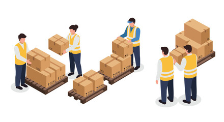 Warehouse workers handling packages on pallets in an isometric style