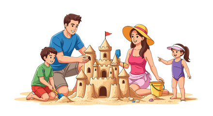 Family building a sandcastle on beach.