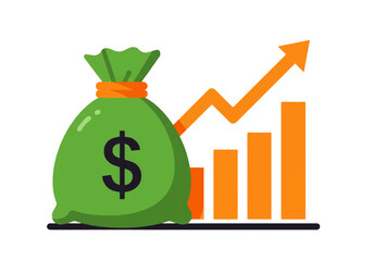 Illustration of a green money bag with a dollar sign, accompanied by a rising bar graph and arrow, symbolizing financial growth.