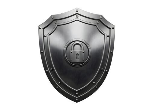 Medieval metal shield with lock emblem isolated on transparent background