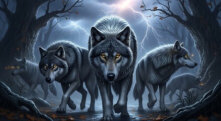 Dramatic portrait of wolves in a stormy forest digital illustration artwork
