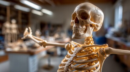 A fun skeleton yoga instructor showcases the tree pose in a well-lit studio surrounded by various yoga props. The serene atmosphere adds to the unique experience of the class