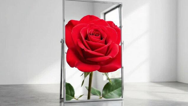 Red rose blooming inside mirror frame in bright minimal room