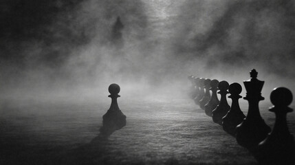 Strategic Chess Game: Dramatic black and white image, showcasing a line of chess pieces in a foggy setting, one pawn stands out, leading towards an unseen figure in the distance.