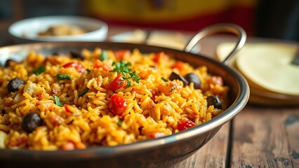 Traditional paella in a copper pan with saffron-infused rice and colorful ingredients, celebrating Spanish culinary heritage.